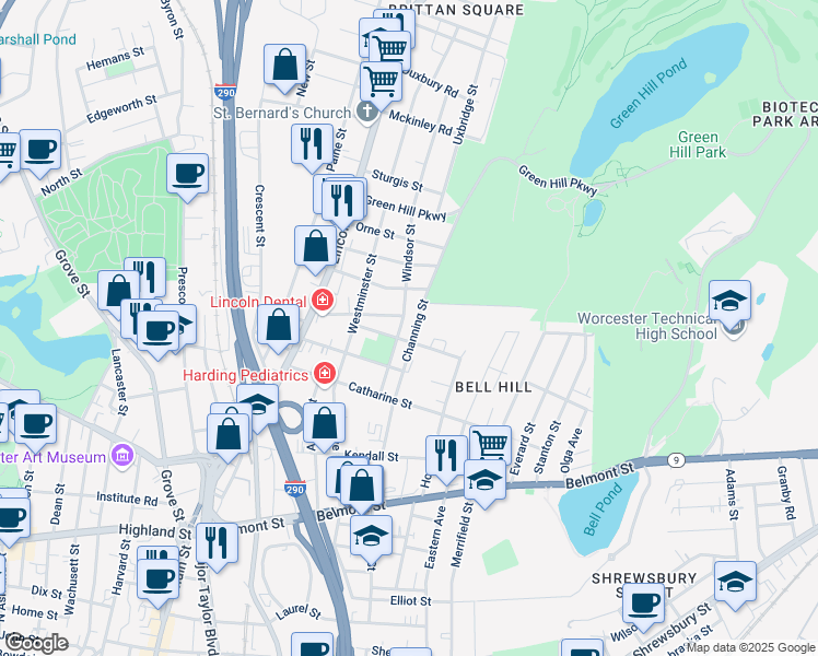 map of restaurants, bars, coffee shops, grocery stores, and more near 15 Windsor Street in Worcester