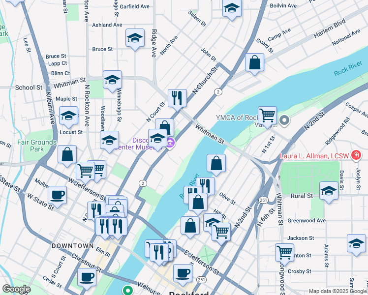map of restaurants, bars, coffee shops, grocery stores, and more near 737 North Main Street in Rockford