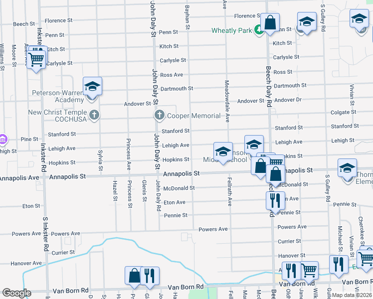 map of restaurants, bars, coffee shops, grocery stores, and more near 26279 Lehigh Street in Inkster