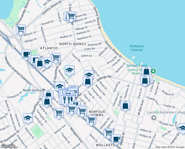 map of restaurants, bars, coffee shops, grocery stores, and more near 28 Gordon Street in Quincy