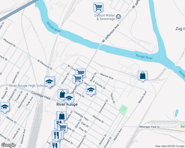 map of restaurants, bars, coffee shops, grocery stores, and more near 23 East Anchor Street in River Rouge