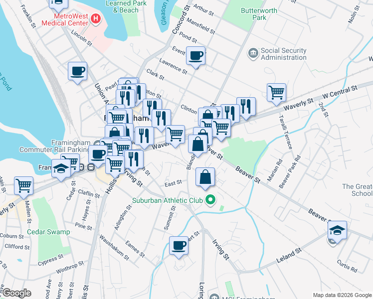 map of restaurants, bars, coffee shops, grocery stores, and more near 266 Waverly Street in Framingham