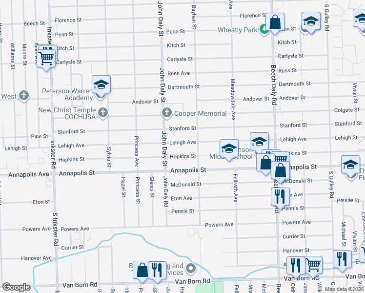 map of restaurants, bars, coffee shops, grocery stores, and more near 26413 Lehigh Street in Inkster