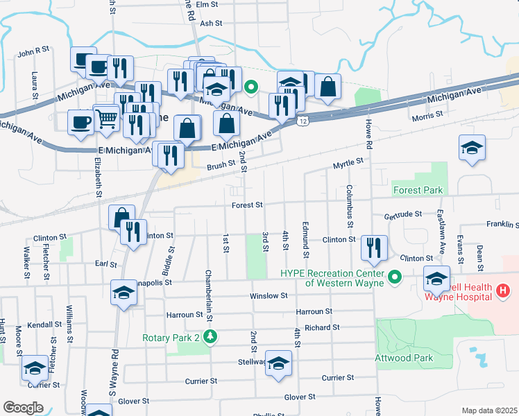 map of restaurants, bars, coffee shops, grocery stores, and more near 4099 3rd Street in Wayne