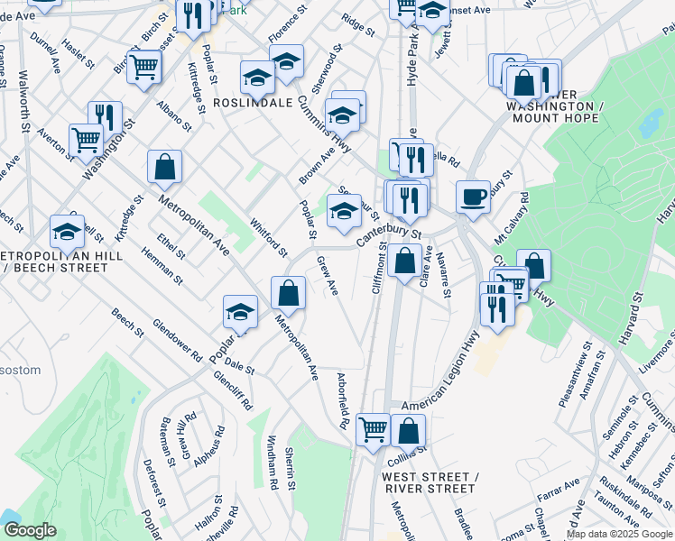 map of restaurants, bars, coffee shops, grocery stores, and more near 26 Grew Avenue in Boston
