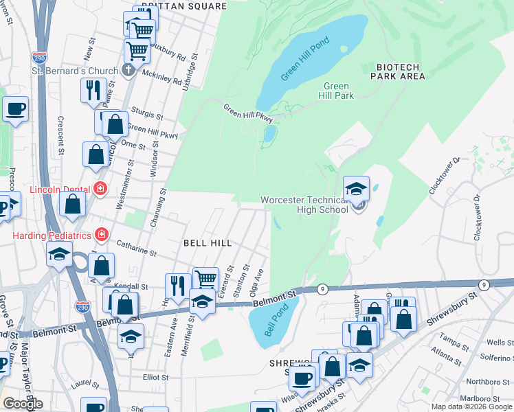 map of restaurants, bars, coffee shops, grocery stores, and more near 19 Breck Street in Worcester