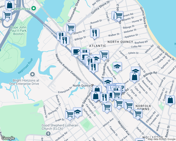 map of restaurants, bars, coffee shops, grocery stores, and more near 255 Hancock Street in Quincy