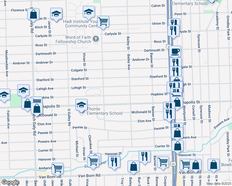 map of restaurants, bars, coffee shops, grocery stores, and more near 24704 Hopkins Street in Dearborn Heights