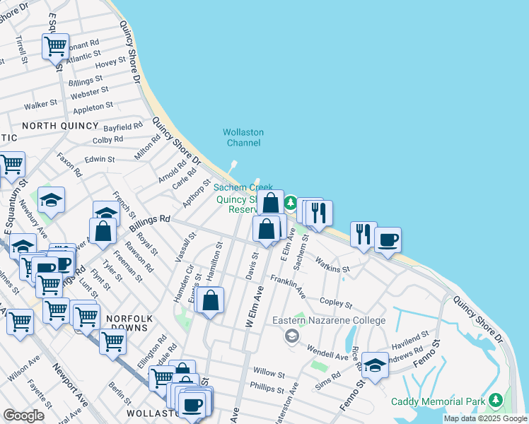 map of restaurants, bars, coffee shops, grocery stores, and more near 729 Quincy Shore Drive in Quincy