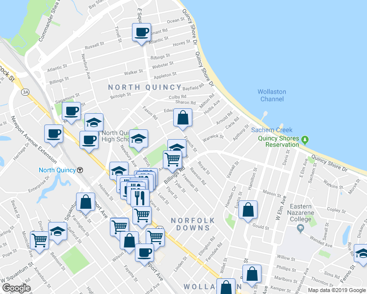 map of restaurants, bars, coffee shops, grocery stores, and more near 56 French Street in Quincy