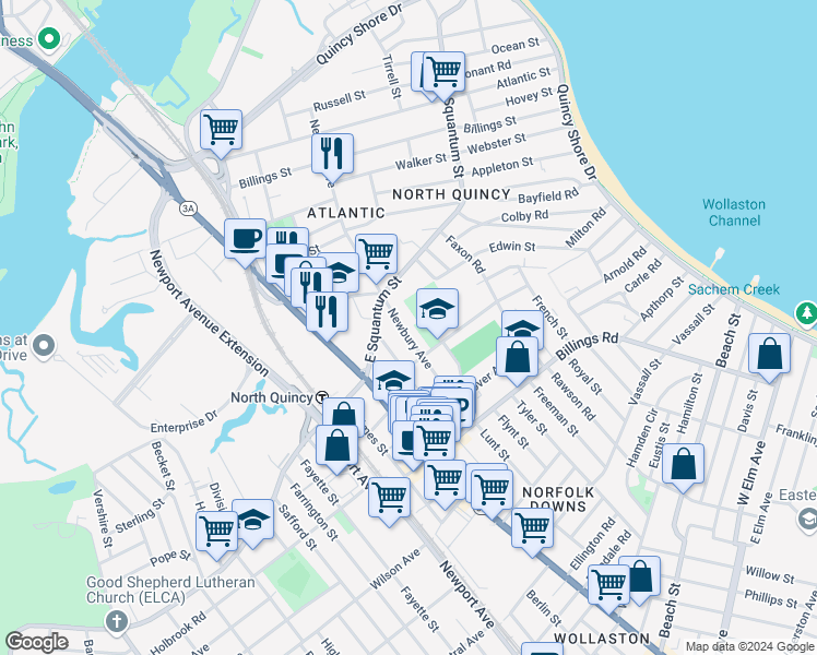map of restaurants, bars, coffee shops, grocery stores, and more near 196 Newbury Avenue in Quincy