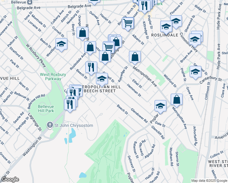 map of restaurants, bars, coffee shops, grocery stores, and more near 128 Cornell Street in Boston