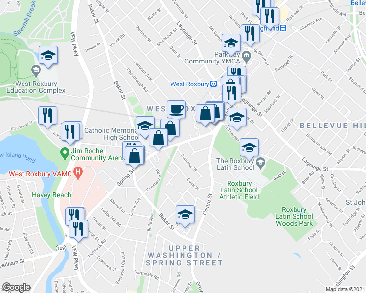 map of restaurants, bars, coffee shops, grocery stores, and more near 56 Spring Street in Boston