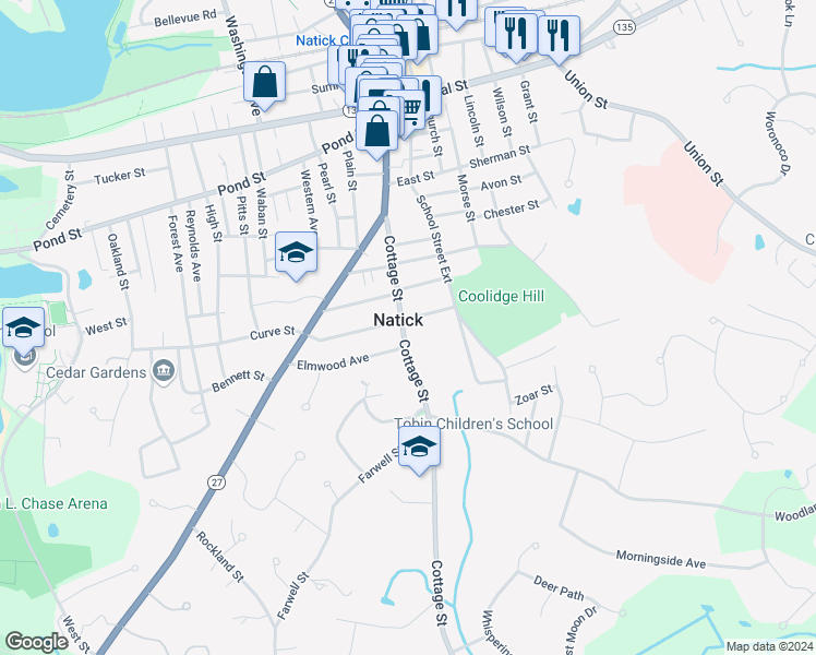 map of restaurants, bars, coffee shops, grocery stores, and more near 3 Madison Street in Natick