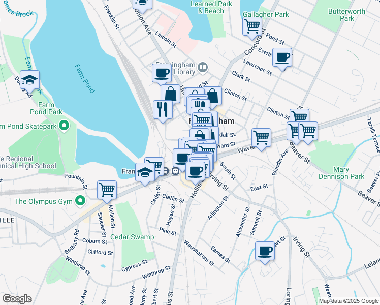 map of restaurants, bars, coffee shops, grocery stores, and more near 10 Francine Road in Framingham