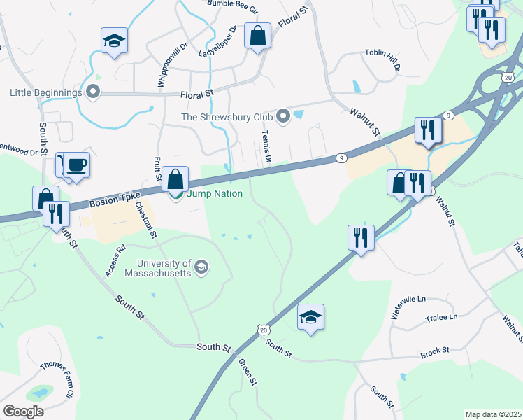 map of restaurants, bars, coffee shops, grocery stores, and more near 40 Commons Drive in Shrewsbury
