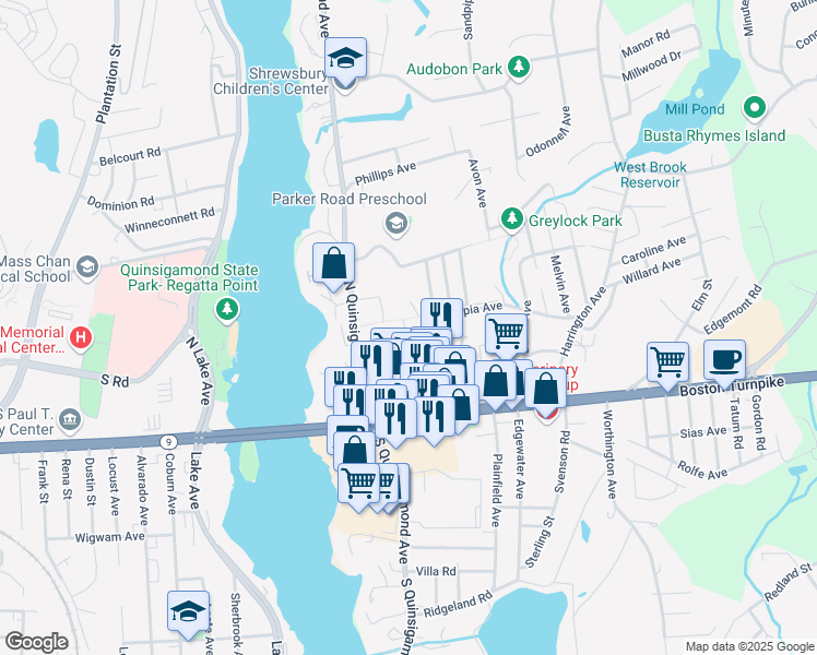 map of restaurants, bars, coffee shops, grocery stores, and more near 2 -6 Bagley Avenue in Shrewsbury