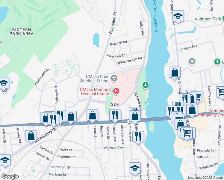 map of restaurants, bars, coffee shops, grocery stores, and more near 1st Rd in Worcester