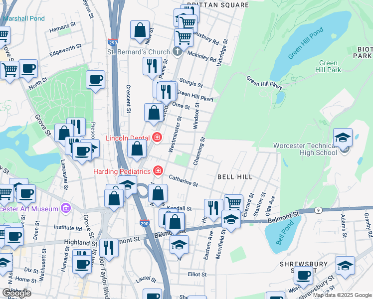 map of restaurants, bars, coffee shops, grocery stores, and more near 15 Windsor Street in Worcester