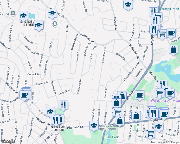 map of restaurants, bars, coffee shops, grocery stores, and more near 42 Pine Tree Drive in Worcester