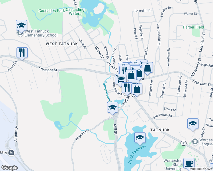 map of restaurants, bars, coffee shops, grocery stores, and more near 5 Mapleleaf Road in Worcester