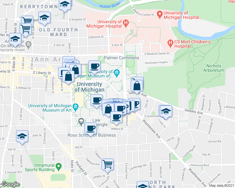 map of restaurants, bars, coffee shops, grocery stores, and more near 400 Church Street in Ann Arbor