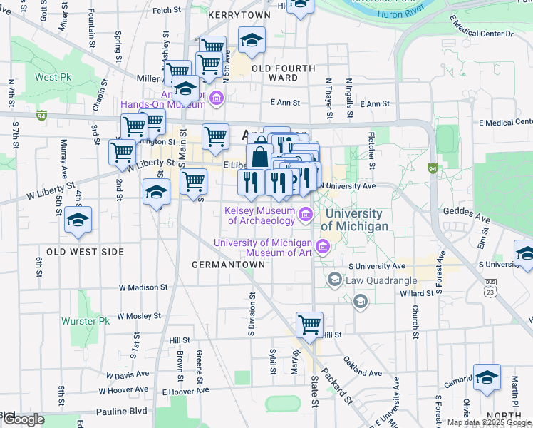 map of restaurants, bars, coffee shops, grocery stores, and more near in Ann Arbor