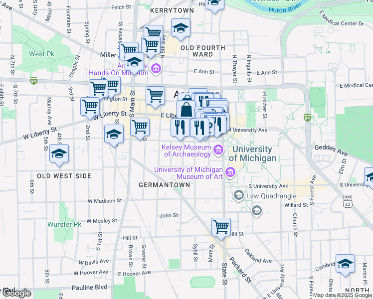 map of restaurants, bars, coffee shops, grocery stores, and more near 408 Thompson Street in Ann Arbor
