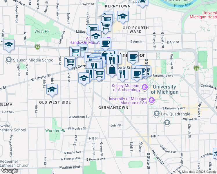 map of restaurants, bars, coffee shops, grocery stores, and more near 406 South 5th Avenue in Ann Arbor