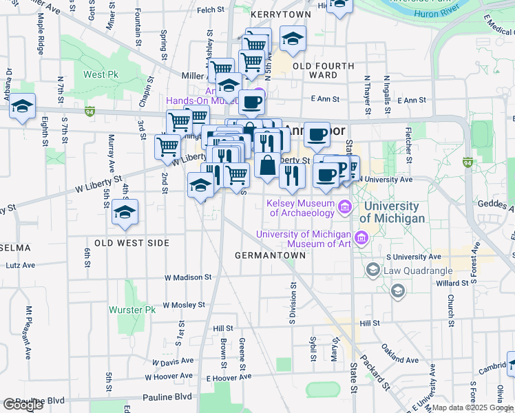map of restaurants, bars, coffee shops, grocery stores, and more near 406 South 5th Avenue in Ann Arbor
