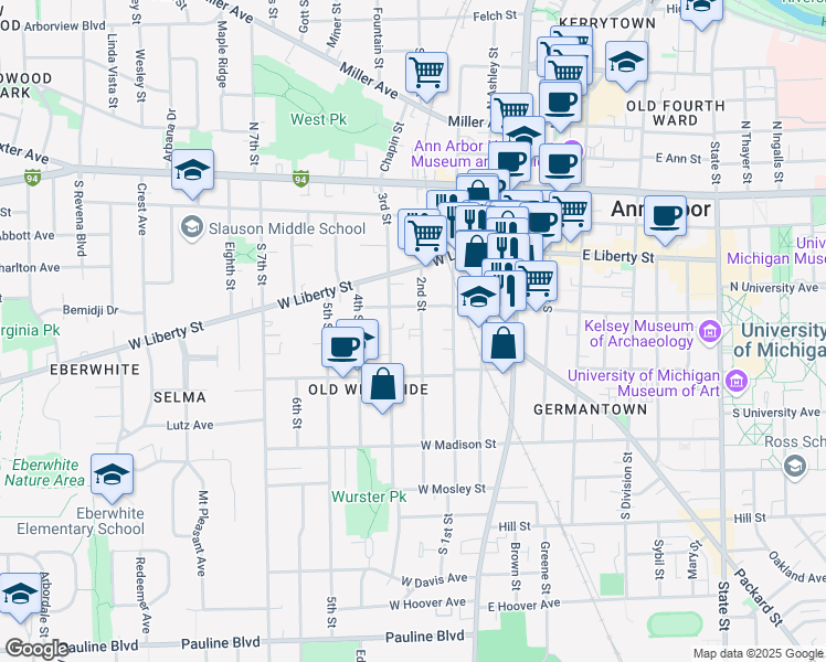 map of restaurants, bars, coffee shops, grocery stores, and more near 414 2nd Street in Ann Arbor