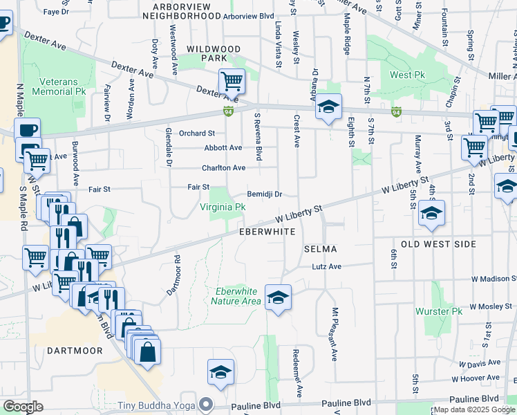 map of restaurants, bars, coffee shops, grocery stores, and more near 531 Ventura Court in Ann Arbor