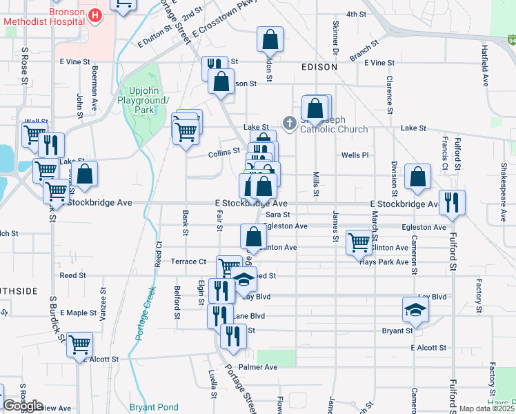 map of restaurants, bars, coffee shops, grocery stores, and more near 746 East Stockbridge Avenue in Kalamazoo