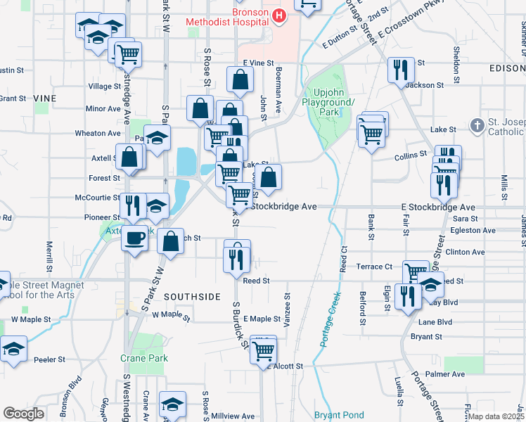 map of restaurants, bars, coffee shops, grocery stores, and more near 146 East Stockbridge Avenue in Kalamazoo