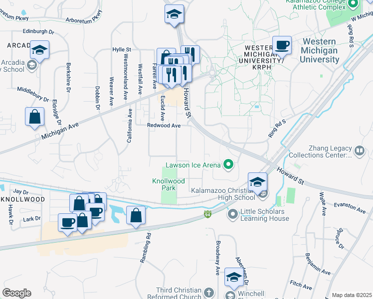 map of restaurants, bars, coffee shops, grocery stores, and more near 1332 Sutherland Avenue in Kalamazoo