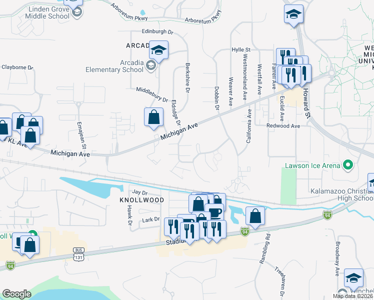 map of restaurants, bars, coffee shops, grocery stores, and more near 3640 Kenbrooke Court in Kalamazoo