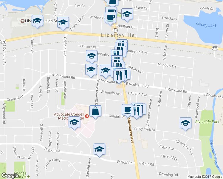 map of restaurants, bars, coffee shops, grocery stores, and more near 146 West Austin Avenue in Libertyville