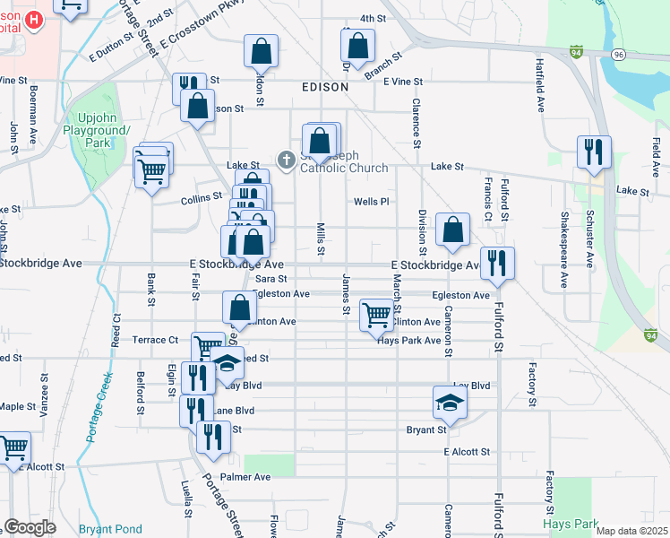 map of restaurants, bars, coffee shops, grocery stores, and more near 1111 East Stockbridge Avenue in Kalamazoo