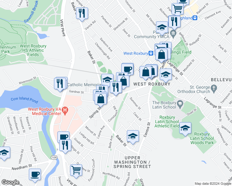 map of restaurants, bars, coffee shops, grocery stores, and more near 77 Marshall Street in Boston