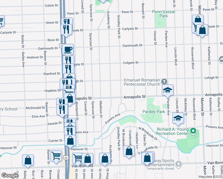 map of restaurants, bars, coffee shops, grocery stores, and more near in Dearborn Heights