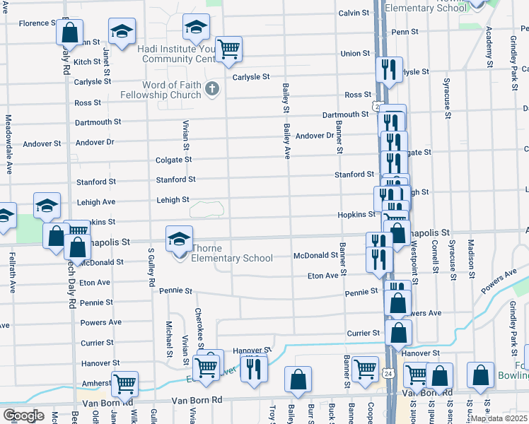 map of restaurants, bars, coffee shops, grocery stores, and more near 24704 Hopkins Street in Dearborn Heights