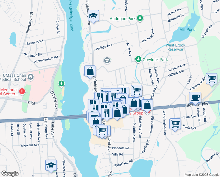 map of restaurants, bars, coffee shops, grocery stores, and more near 2 -6 Bagley Avenue in Shrewsbury