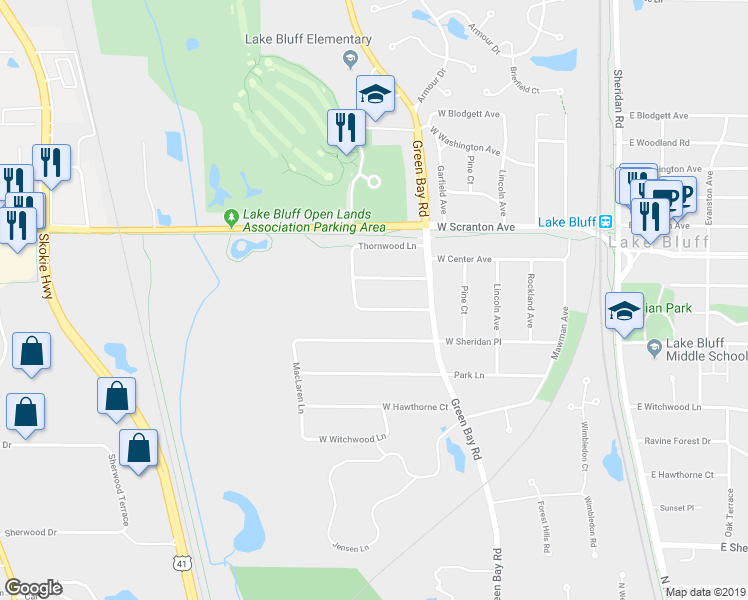 map of restaurants, bars, coffee shops, grocery stores, and more near 354 West Prospect Avenue in Lake Bluff