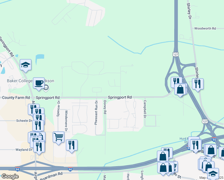 map of restaurants, bars, coffee shops, grocery stores, and more near 2266 Springport Road in Jackson