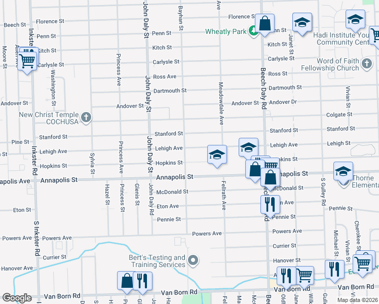 map of restaurants, bars, coffee shops, grocery stores, and more near 26267 Lehigh Street in Inkster