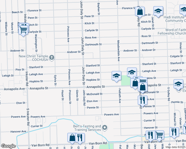 map of restaurants, bars, coffee shops, grocery stores, and more near 26413 Lehigh Street in Inkster
