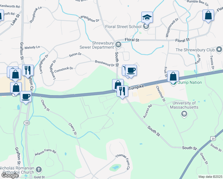 map of restaurants, bars, coffee shops, grocery stores, and more near 713 Boston Turnpike in Shrewsbury