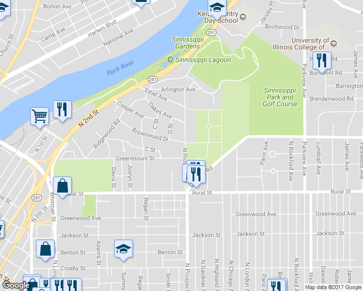 map of restaurants, bars, coffee shops, grocery stores, and more near 888 North Prospect Street in Rockford