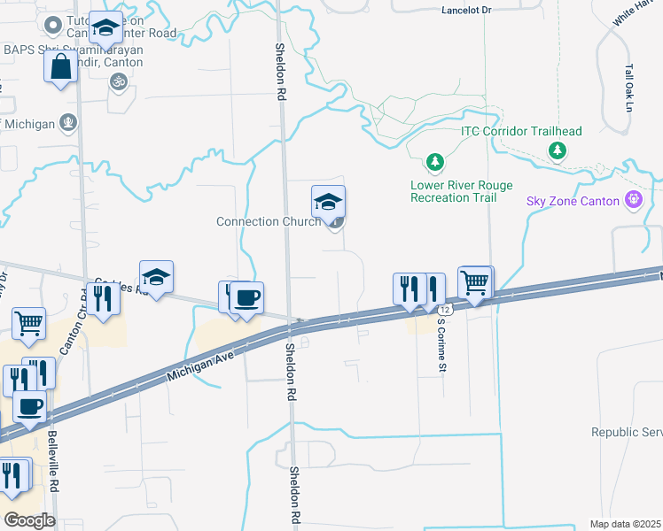 map of restaurants, bars, coffee shops, grocery stores, and more near 44090 Michigan Avenue in Canton