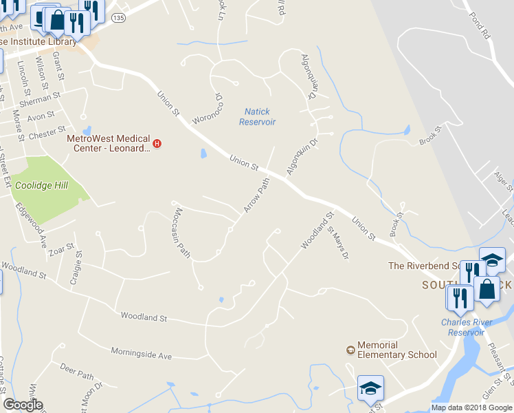 map of restaurants, bars, coffee shops, grocery stores, and more near 2 Arrow Path in Natick